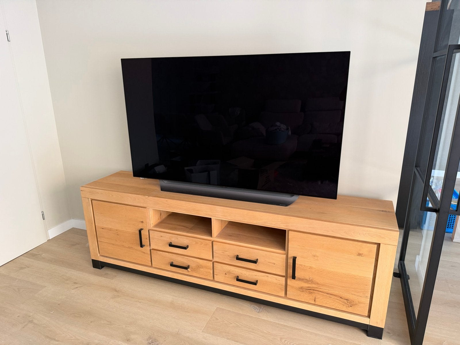 Eikenhouten TV-meubel de bommel meubelen met lades en deuren, Ophalen, Gebruikt, Eikenhout, 200 cm of meer