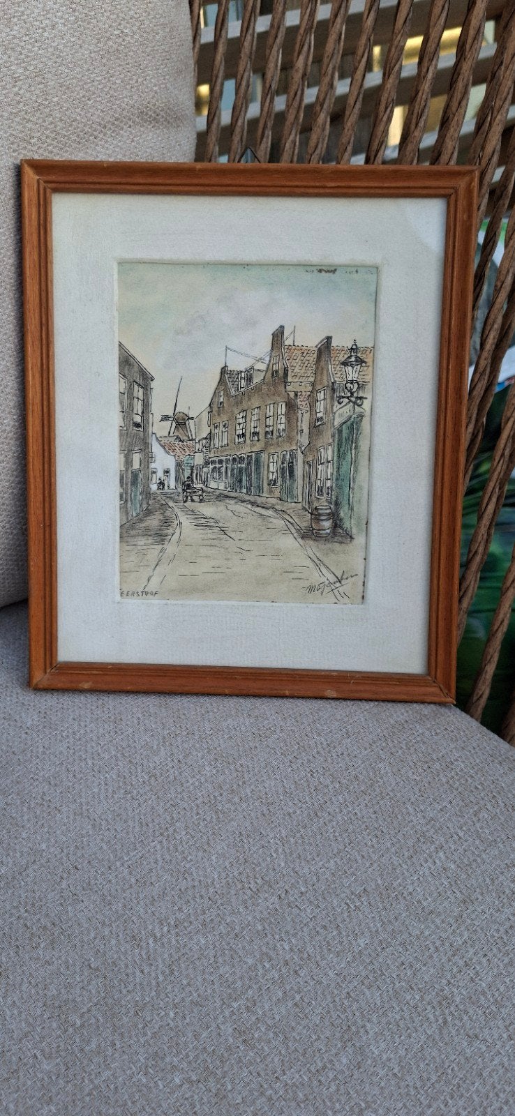 Gesigneerde tekening 'De Teerstoof Schiedam' met molen en hu, Ophalen of Verzenden, Tekening, Aquarel, Gesigneerd