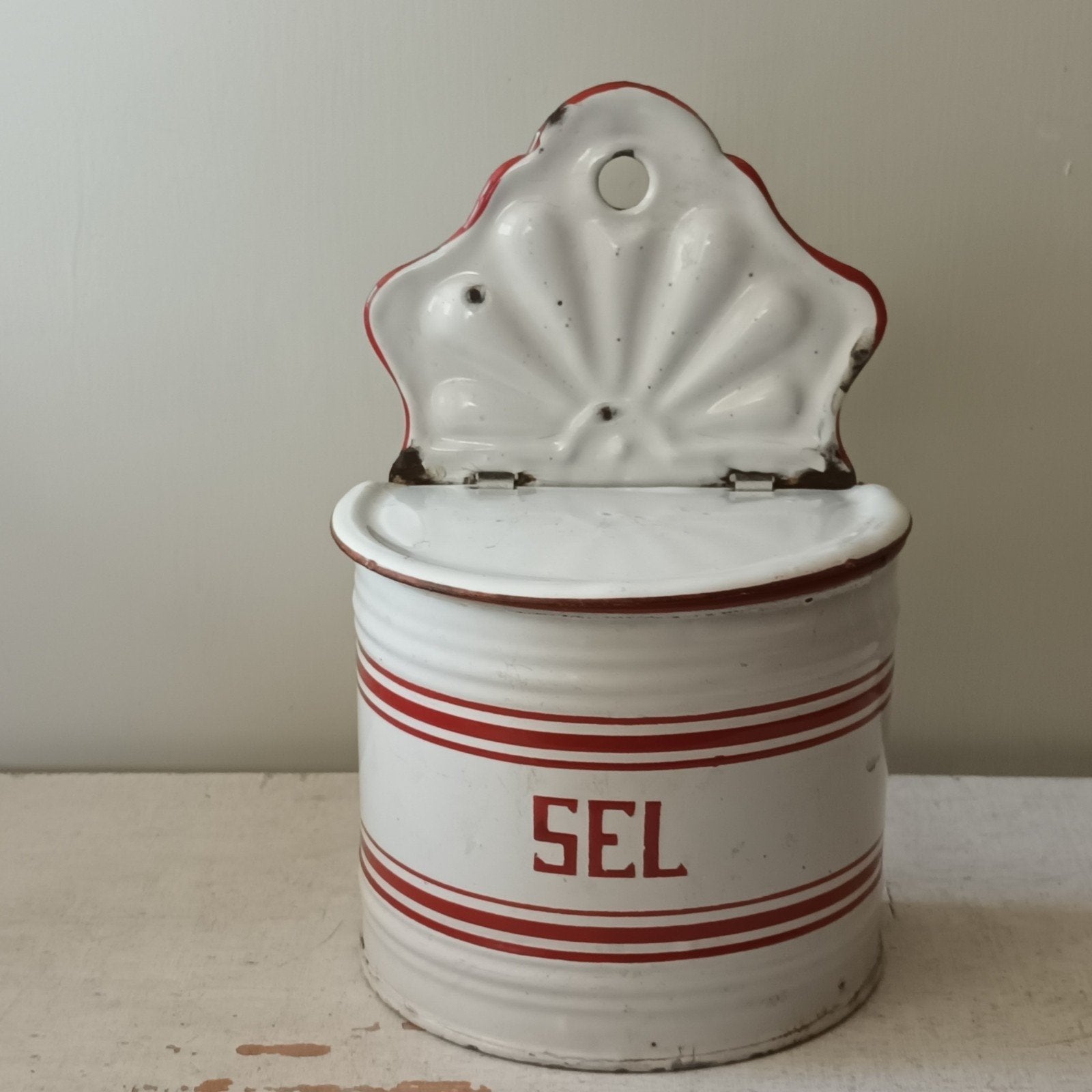 Antieke emaille zoutpot 'SEL' - Wandmodel, Ophalen of Verzenden