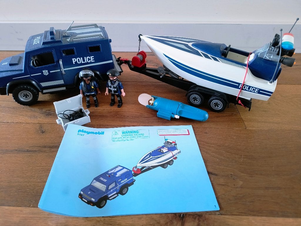 Playmobil politieauto met boot, Ophalen, Complete set, Voertuig, Zo goed als nieuw
