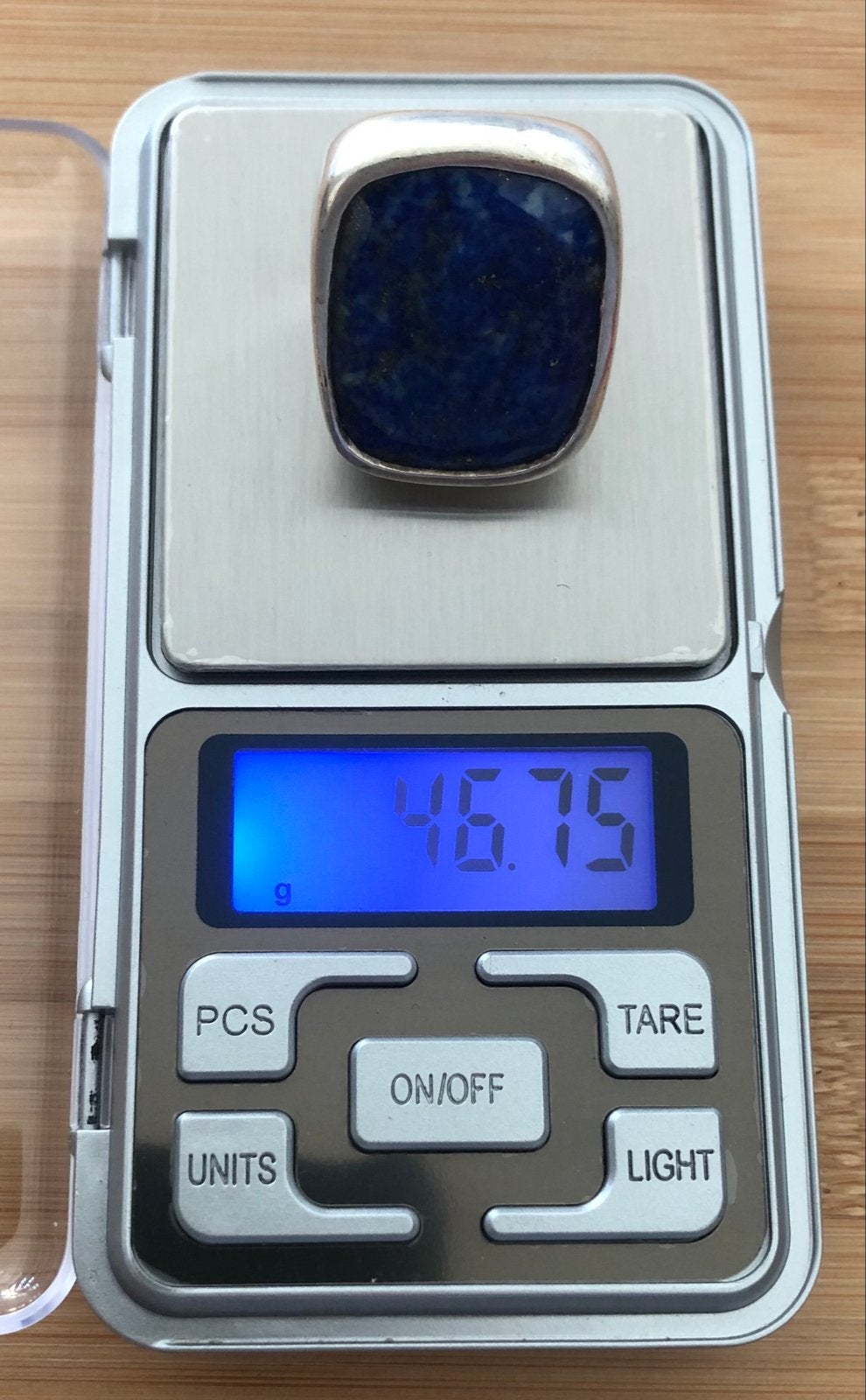 46,75 gram Zilveren herenring 925 lapis lazuli steen, Gebruikt, 20 of groter, Blauw, Heer