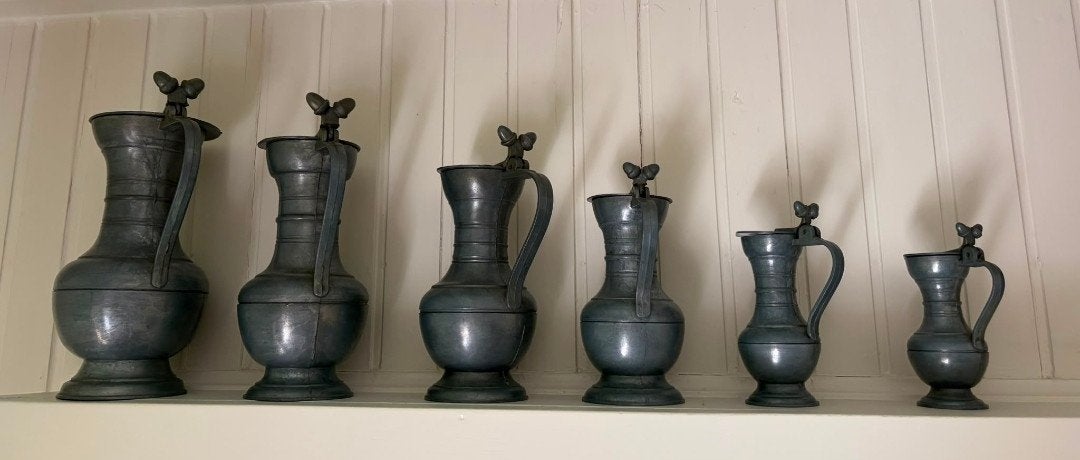 Set van 6 Antieke Tinnen Kannen - Diverse Maten, Ophalen of Verzenden