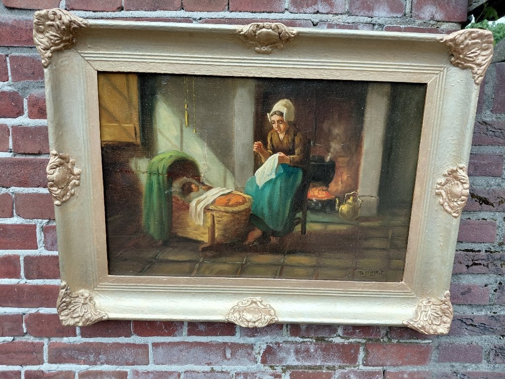 Schilderij Larens interieur, vrouw bij wieg. Th. Selhorst., Ophalen, Doek, Portret of Personen, Oud hollands