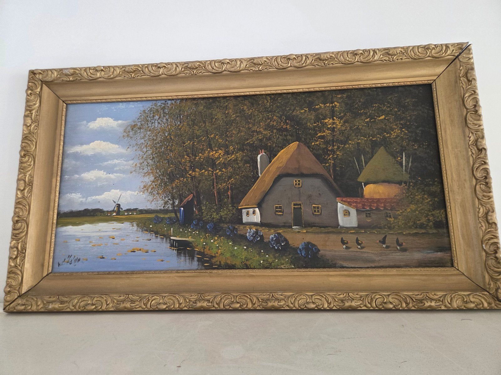 Schilderij: Hollands landschap met boerderij en molen, Antiek en Kunst, Ophalen of Verzenden