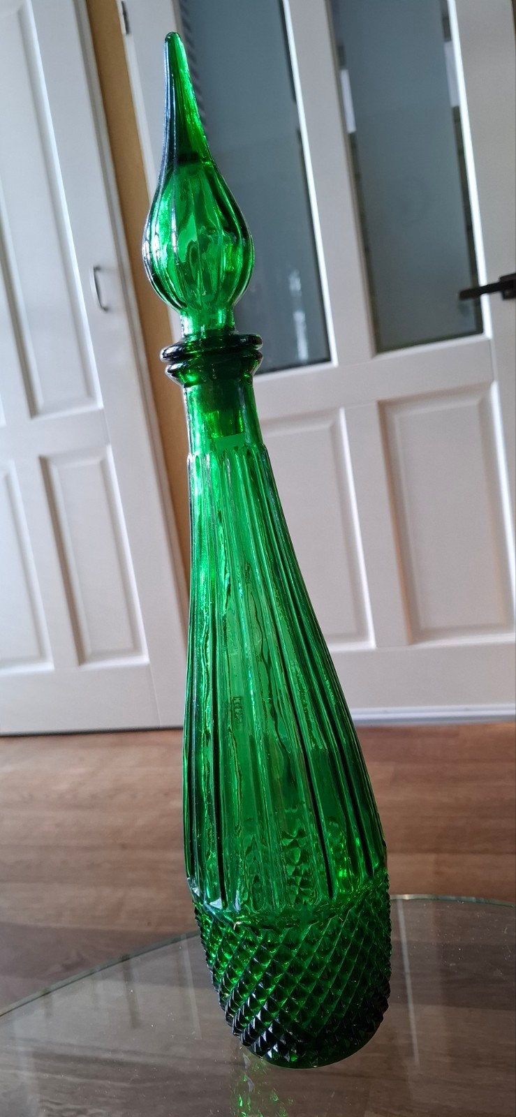 Vintage Italiaanse Empoli 'Genie Bottle' Smaragdgroen Glas, Antiek en Kunst, Ophalen of Verzenden
