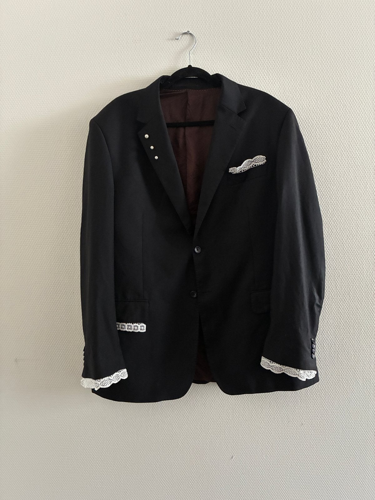 Unieke Upcycled Zwarte Blazer met Kantdetails, Ophalen of Verzenden, Zo goed als nieuw, Zwart