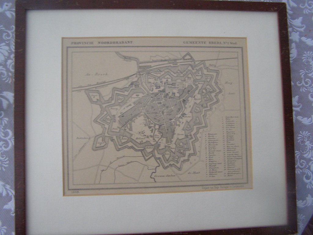 plattegrond Breda uit 1869(Kuyper) ingelijst met index, J.Kuyper, Ophalen of Verzenden, 1800 tot 2000, Nederland