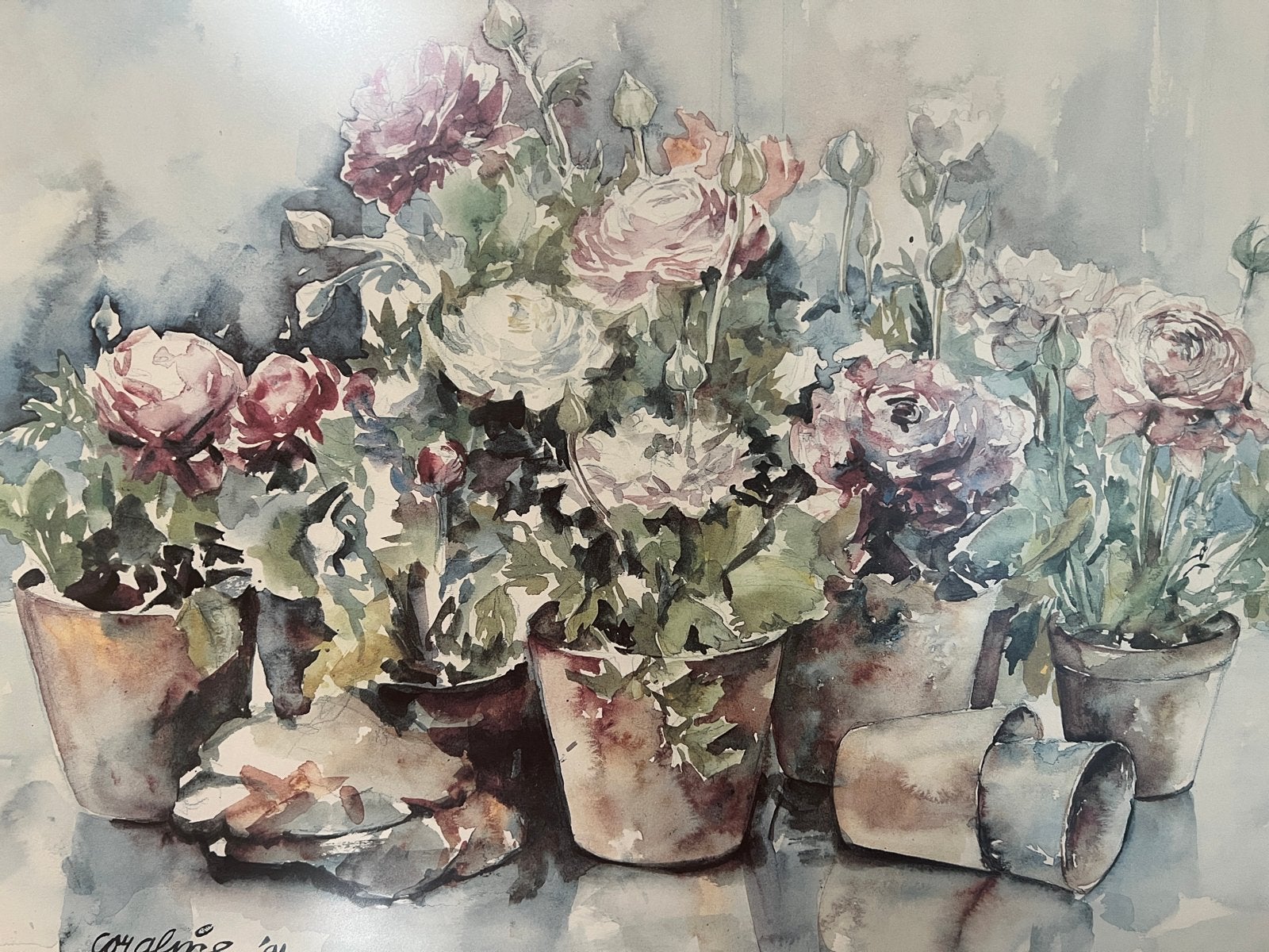 Aquarel Bloemen in Potten - Coraline Bäcker '91 (42/500), Gedateerd, Aquarel, Papier, Ophalen