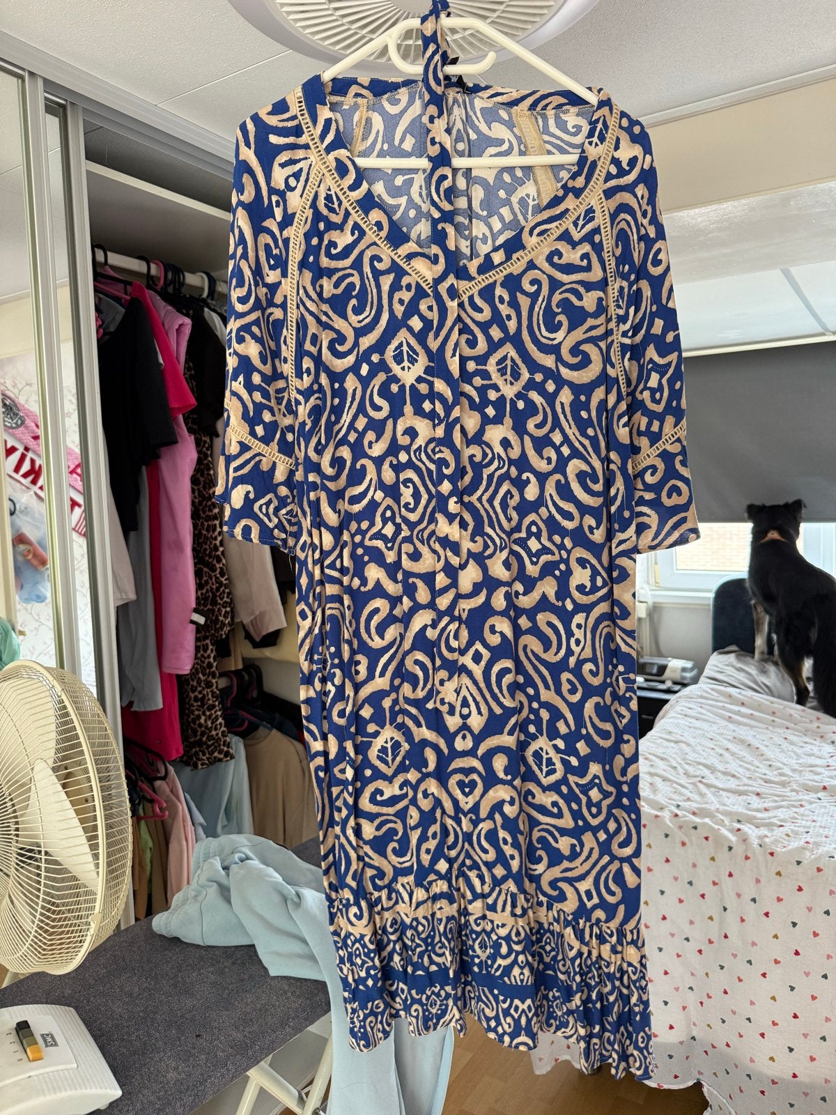 Ms Mode Jurk Blauw/Beige Patroon Maat 46, Blauw, Maat 46/48 (XL) of groter, Ophalen of Verzenden, Zo goed als nieuw