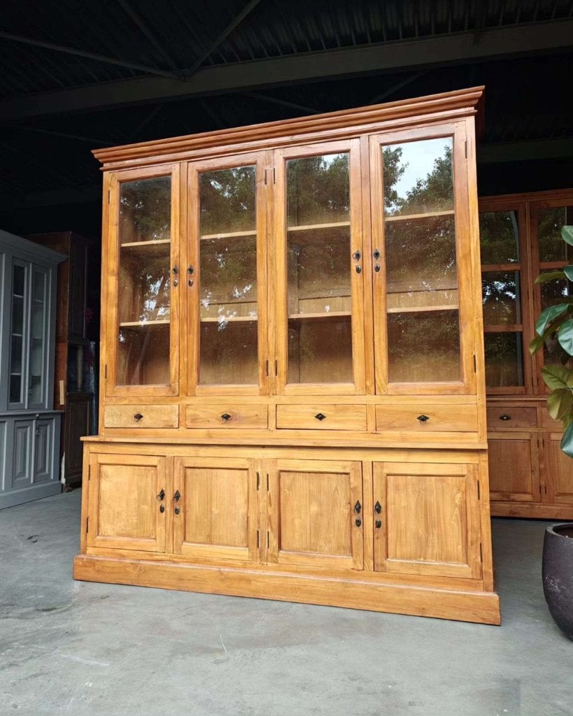 Hoge antieke winkelkast | Servieskast teakhout #7646, Huis en Inrichting, Glas, Gebruikt, Met deur(en), -