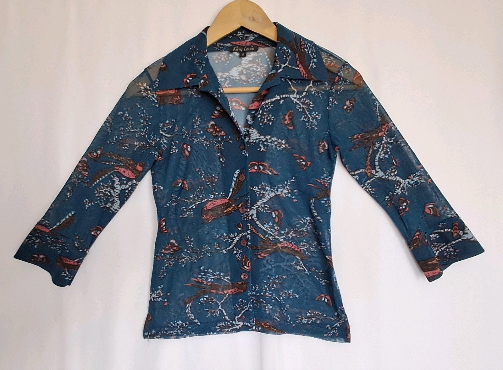 King Louie mesh top/ blouse maat S groen vogelprint, Ophalen of Verzenden, Zo goed als nieuw, Korte mouw, King Louie