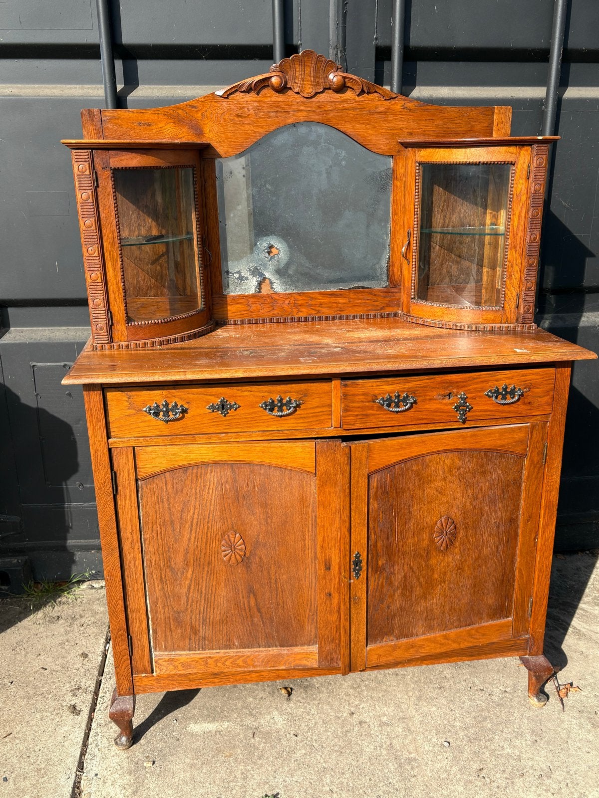 Antieke Eikenhouten Buffetkast met Spiegel en Vitrines, Antiek en Kunst, Ophalen