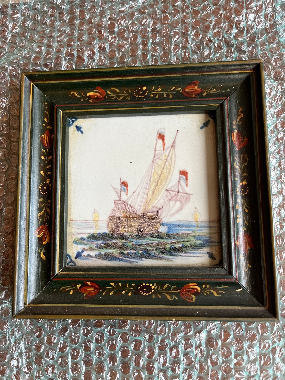 Delfts Blauw Tegeltableau Zeilschip in Houten Lijst, Ophalen