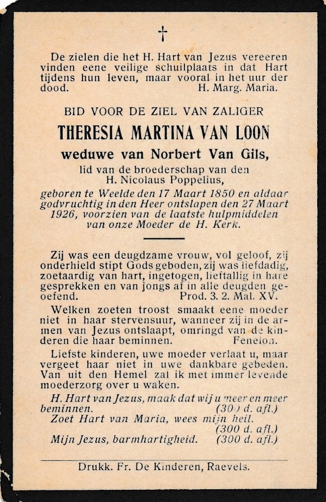 Loon Theresia 1850  Weelde 1926, Verzamelen, Ophalen of Verzenden, Bidprentje