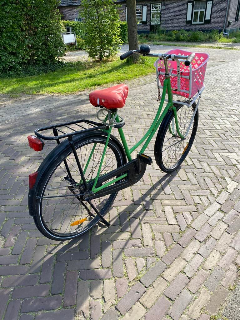 Groene damesfiets met roze mand en rood zadel, 53 tot 56 cm, Ophalen, Gebruikt, Terugtraprem