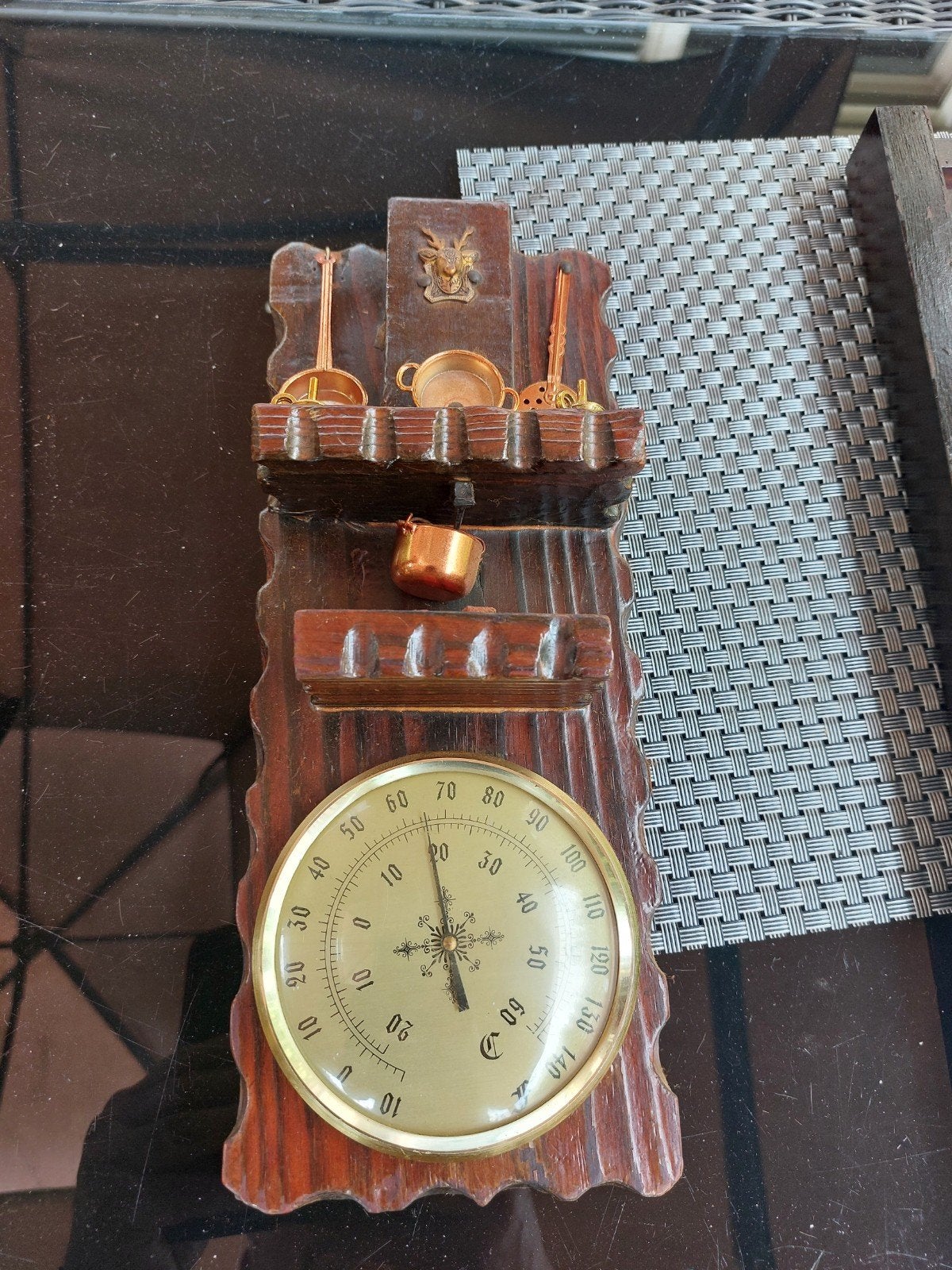 Antieke Thermometer met koperen pannetjes ZIE BESCHRIJVING, Audio, Tv en Foto, Weerstations en Barometers, Ophalen of Verzenden