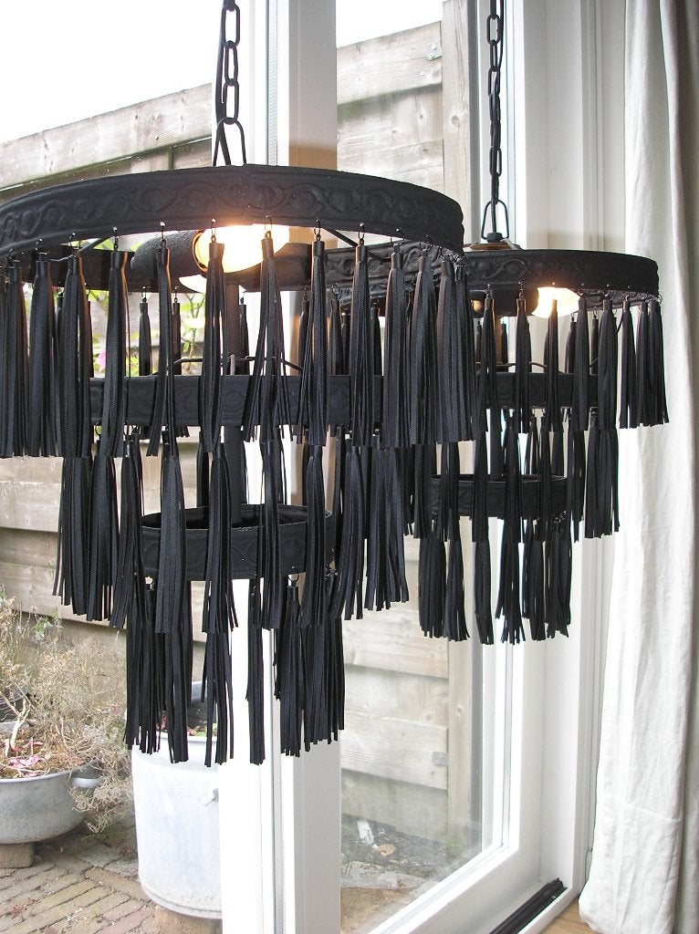 Handmade lamp met franje stoer en sober. In prijs verlaagd!!, Huis en Inrichting, Lampen | Kroonluchters, Ophalen of Verzenden
