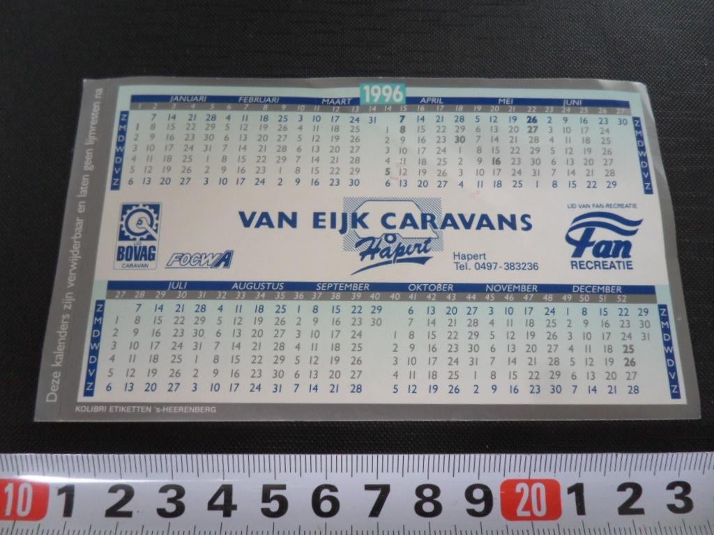 sticker Kalender 1996 Hapert VAN EIJK CARAVANS, Verzamelen, Stickers, Ophalen, Zo goed als nieuw