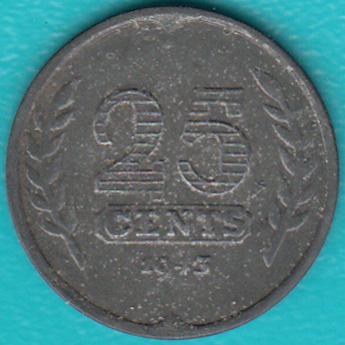 Nederland 25 cent 1943 Wilhelmina zink, Sch. 1030, Postzegels en Munten, Munten | Nederland, Ophalen of Verzenden, Koningin Wilhelmina