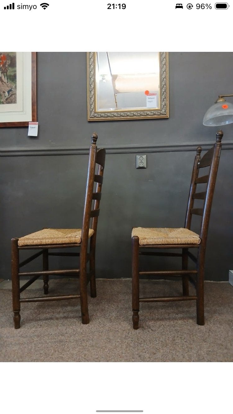 2 Eikenhouten Eettafelstoelen met Biezen Zitting, Ophalen, Twee, Bruin, Klassiek