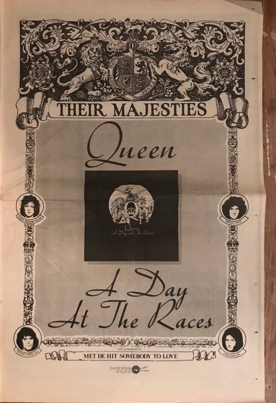 Paginagrote A3 advertentie QUEEN release Day At The Races, Ophalen of Verzenden