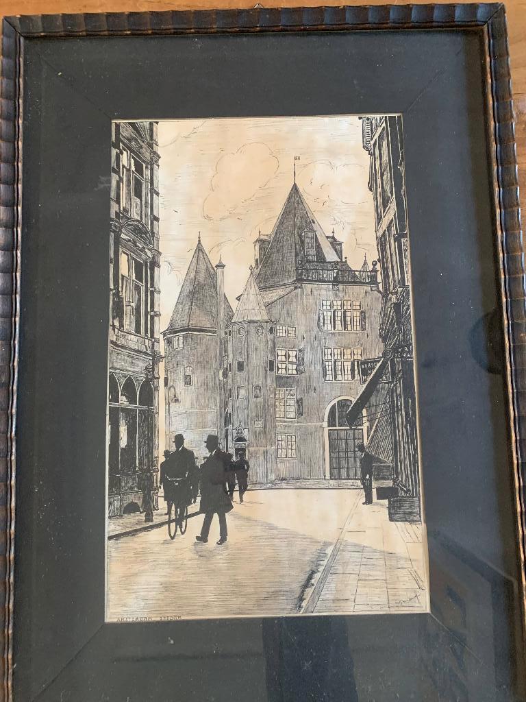 Pentekening J. Brand, Zeedijk Nieuwmarkt, Antiek en Kunst, Kunst | Tekeningen en Foto's, Ophalen