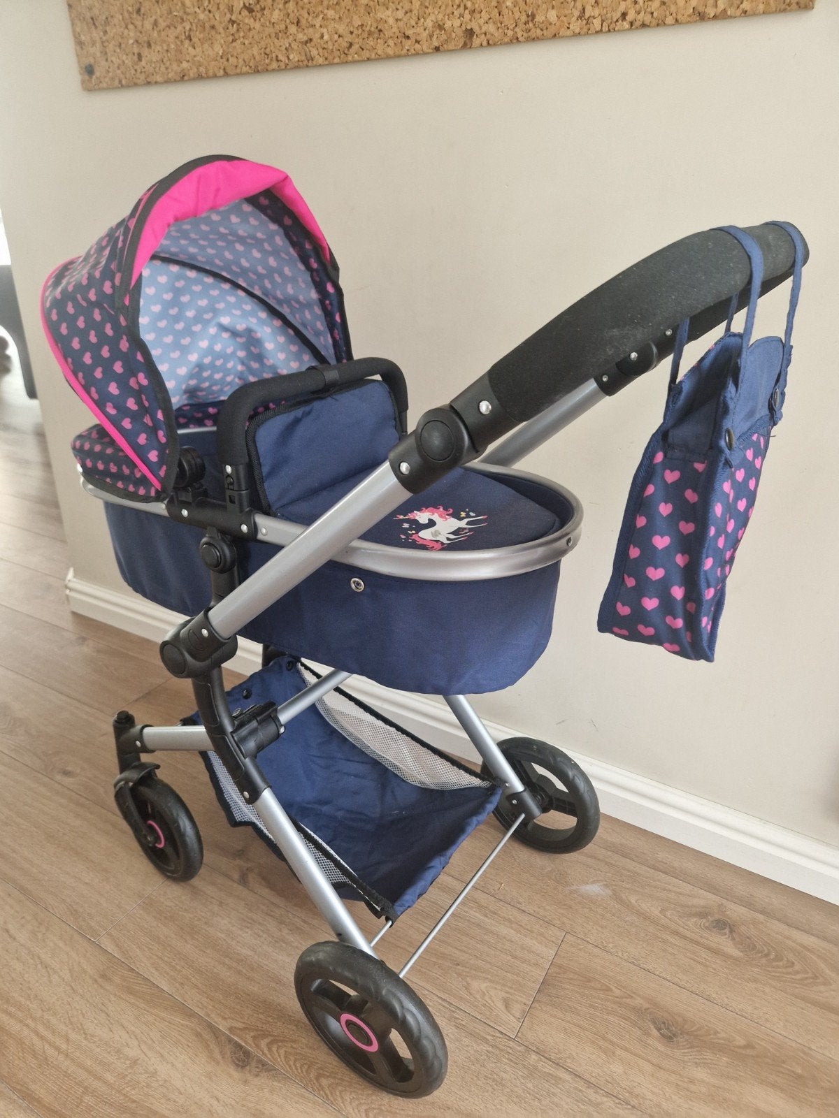 Bayer Design Combi Poppenwagen Neo Vario Blauw met Hartjes, Ophalen