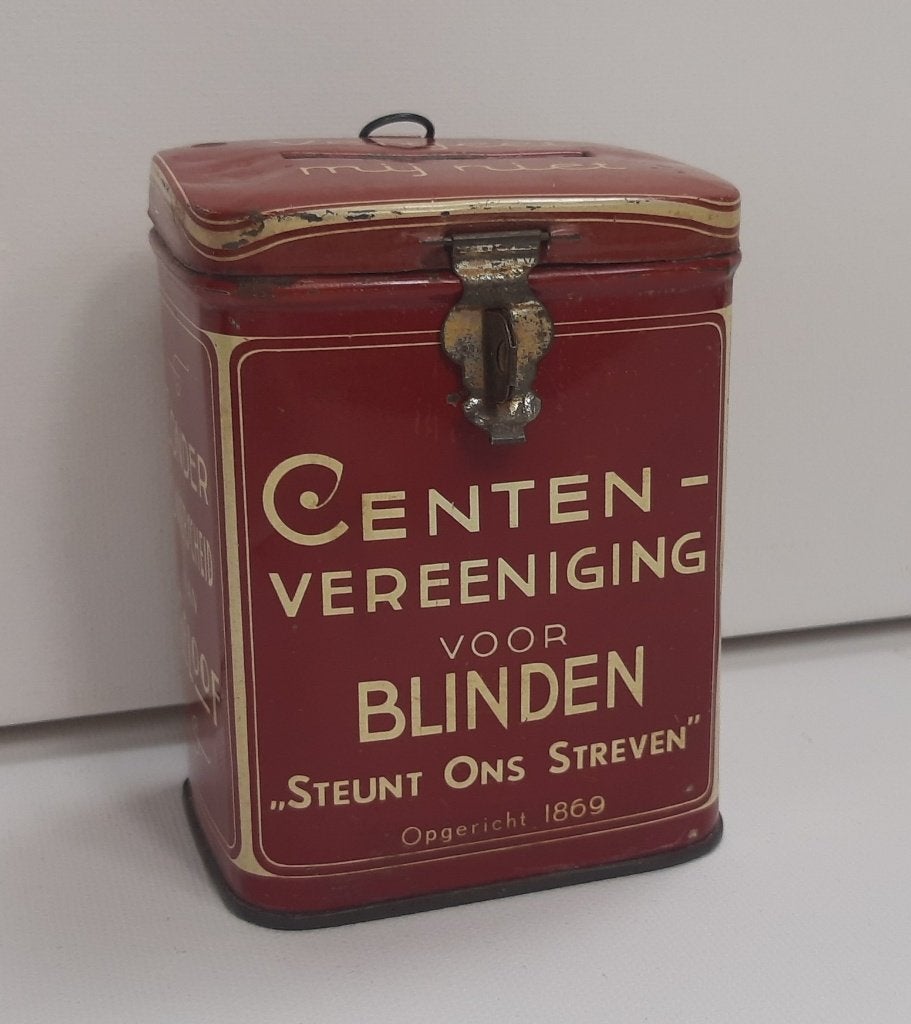 059a-Zeldzaam mooi collecte blikje, voor blinden., Verzamelen, Blikken, Ophalen of Verzenden, Gebruikt, Overige, Overige merken