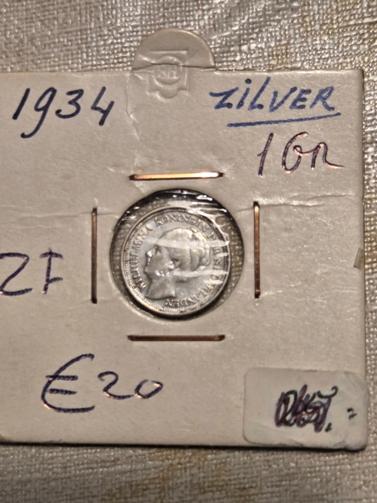 Zilveren 10 cent munt uit 1934 - Koningin Wilhelmina, Zilver, Ophalen of Verzenden, 10 cent, Koningin Wilhelmina