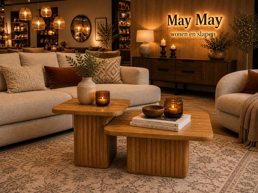 Salontafel 2 Delig Donker mangohout Direct/Leverbaar E-7366, Ophalen, 50 tot 100 cm, Vierkant, Nieuw