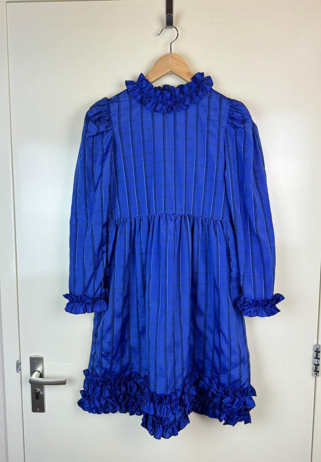 YVES SAINT LAURENT YSL Vintage Taffeta Tartan Dress Ruffle, Blauw, Ophalen of Verzenden, Zo goed als nieuw, Knielengte