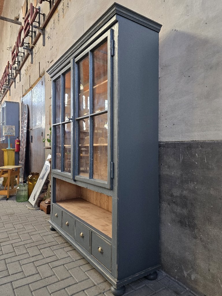 Vintage Houten Vitrinekast Blauw Grijs Grote Vitrine Kast 2, Huis en Inrichting, Gebruikt, Antiek Retro Vintage Brocante Landelijk