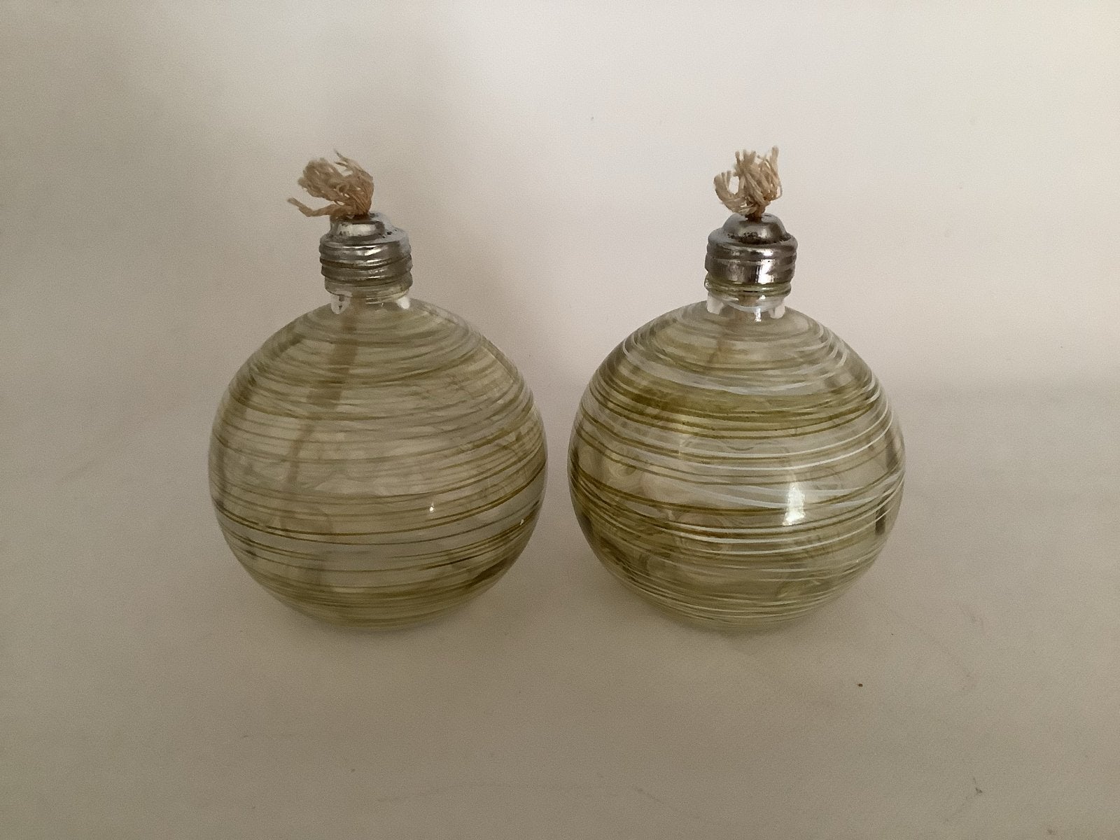 Set van 2 glazen olielampen met streepdesign 1970-1980, Met patroon/structuur, Ophalen of Verzenden, Groen, Glas