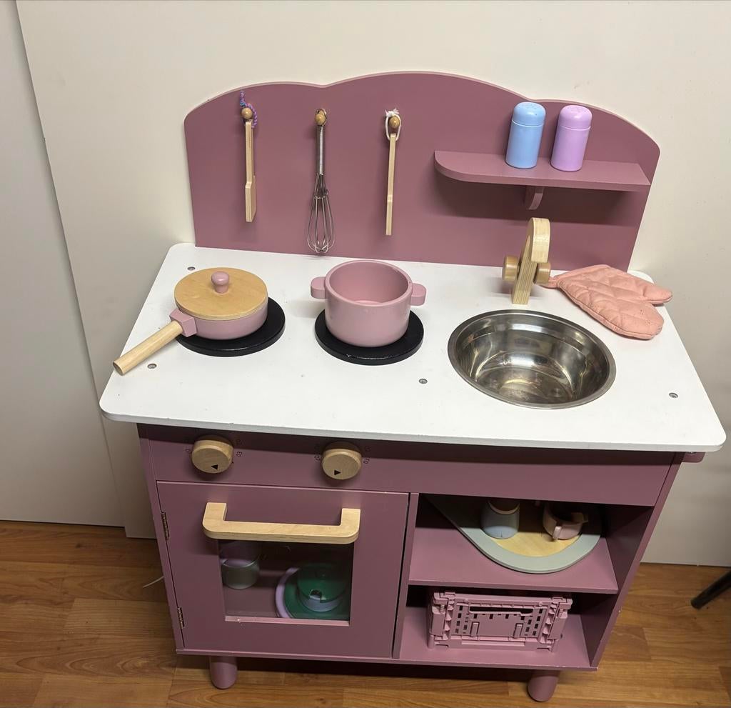 Houten speelkeuken met accessoires - Roze/Paars, Ophalen, Zo goed als nieuw, Hout, Speelkeuken