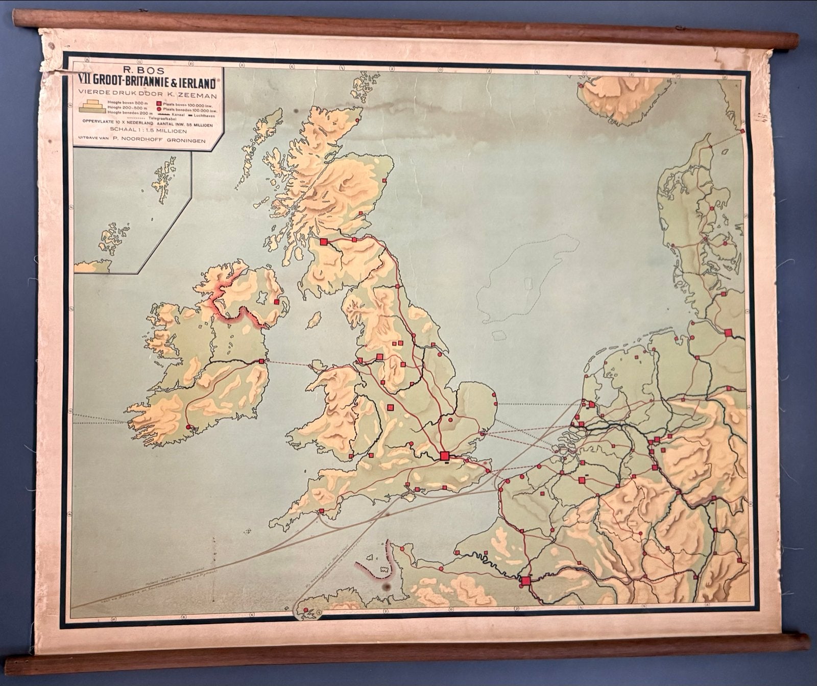 Vintage Schoolplaat Groot Brittannië en Ierland 118x94 cm, Antiek en Kunst, Antiek | Schoolplaten, Ophalen, Aardrijkskunde