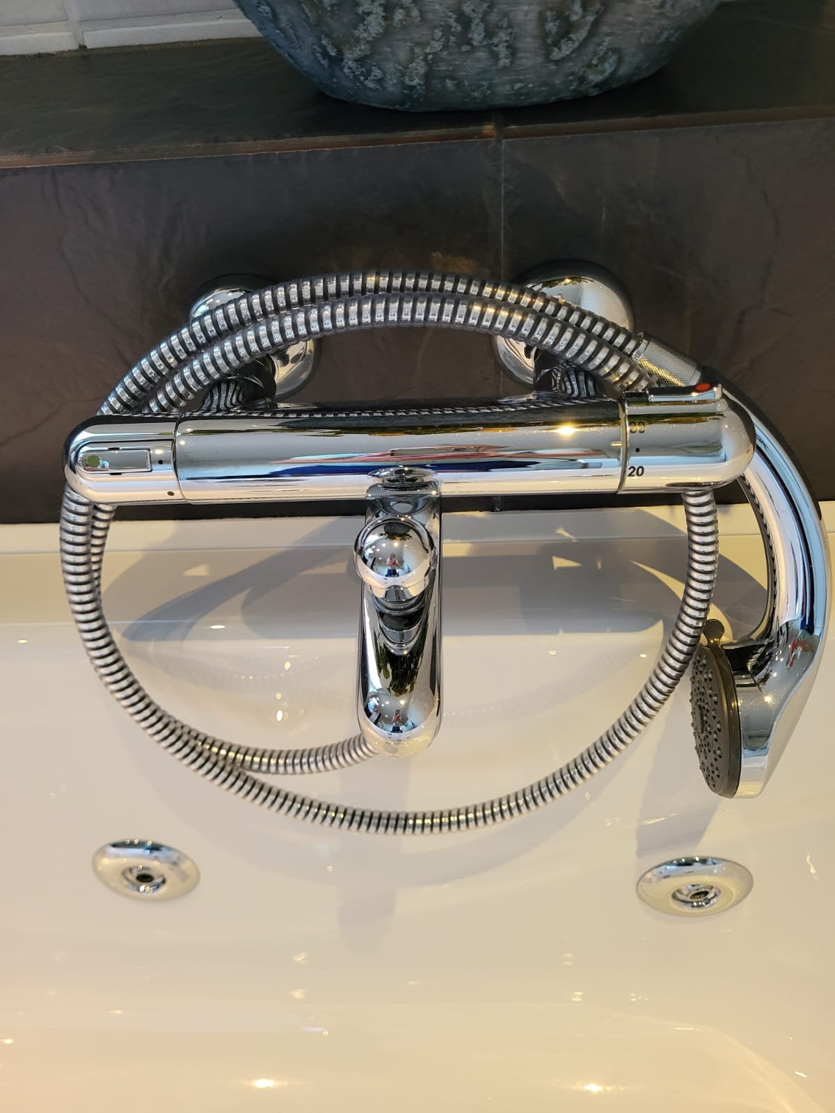 Grohe badkraan met thermostaat, handdouche en slang, Ophalen, Zo goed als nieuw, Chroom, Kraan