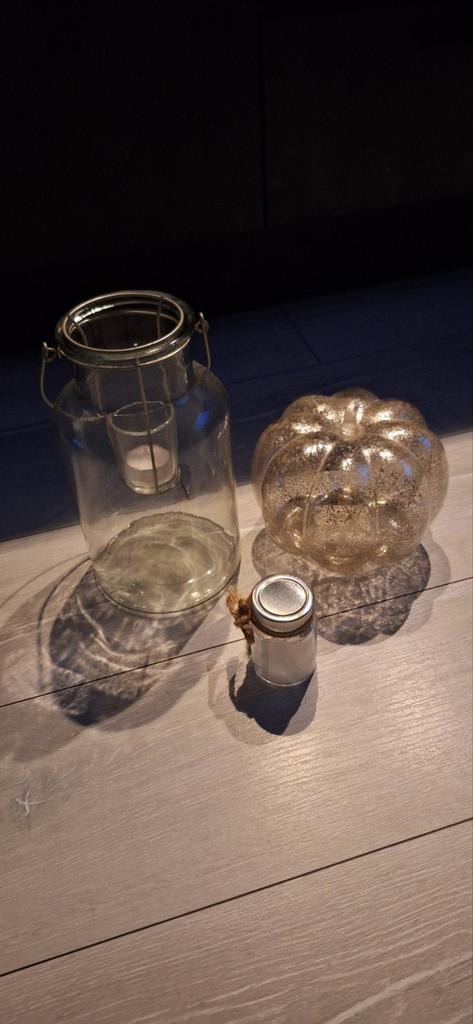 Glazen kandelaar en decoratiepompoen, Ophalen of Verzenden
