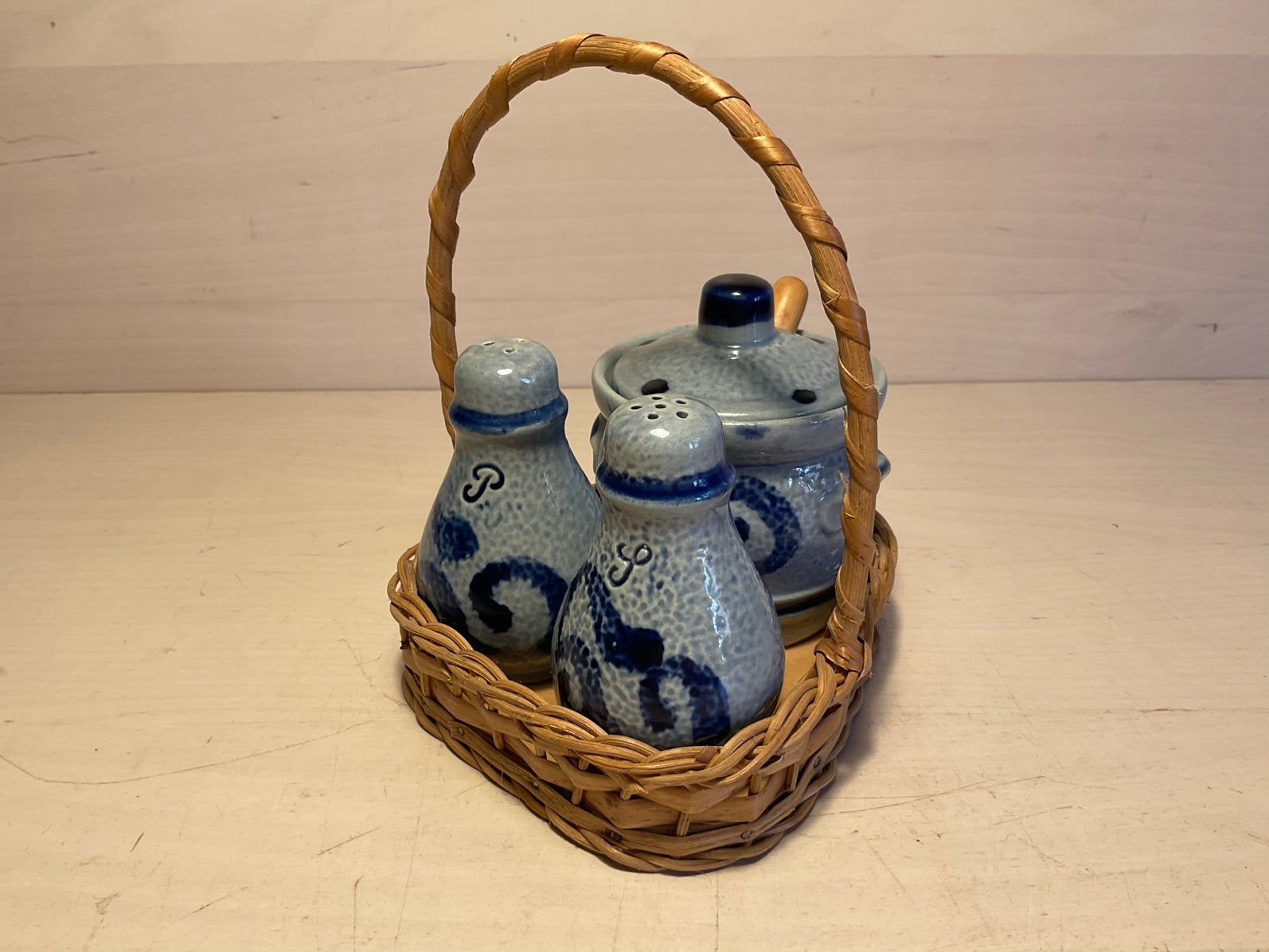 Vintage zout- en peperstel met een bijpassend mosterdpotje, Ophalen of Verzenden, Gebruikt