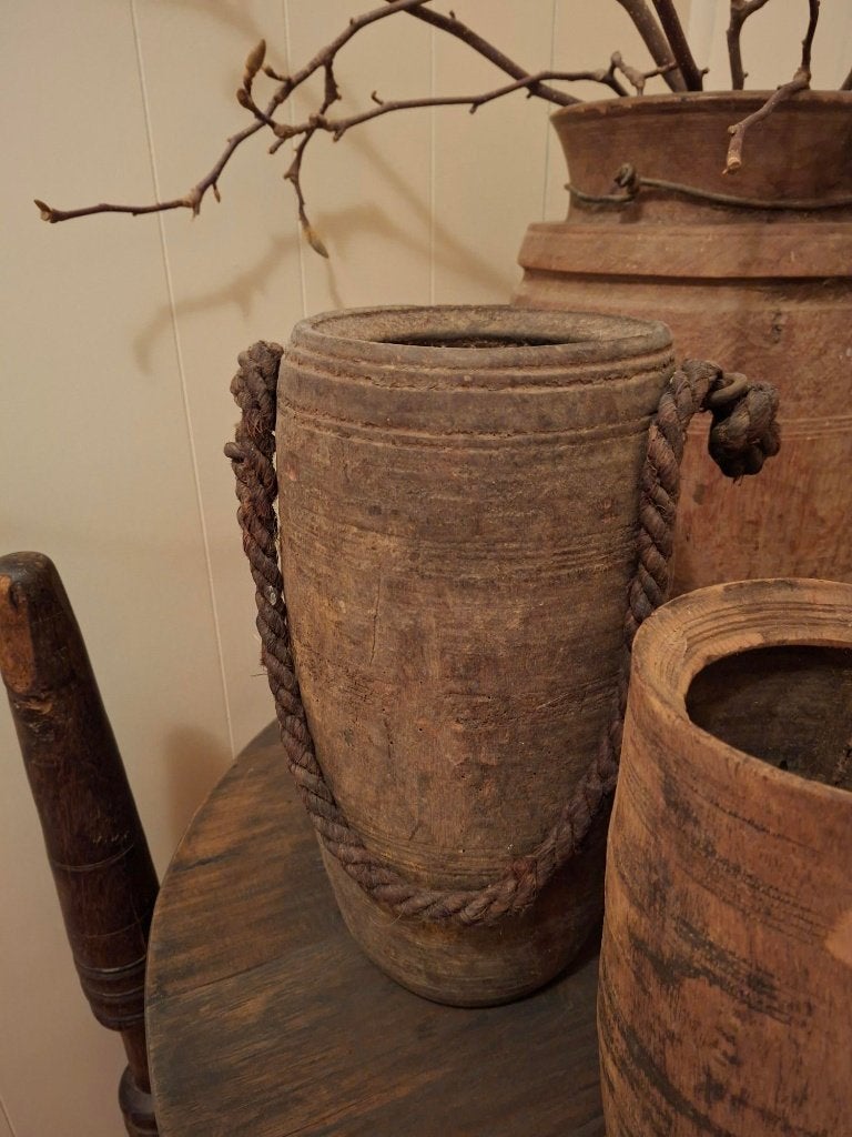 Grote kruik met touw 36 cm hoog, Hout, Ophalen of Verzenden, Bruin, Landelijk