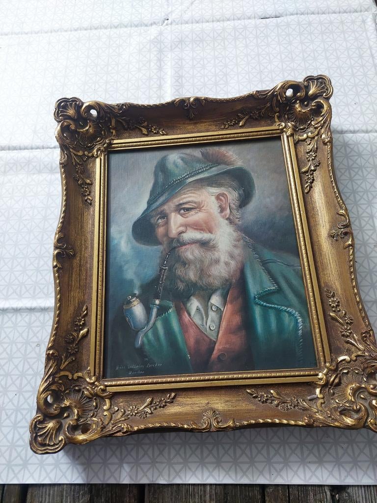 Oud schilderij van man met pijp in sierlijke lijst, Antiek en Kunst, Kunst | Schilderijen | Klassiek, Ophalen