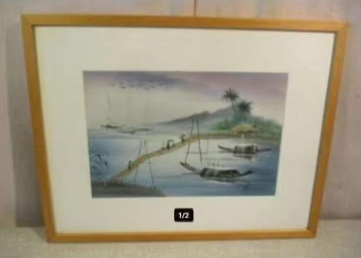 Mooi Geschilderd Aquarel 'Aziatische Bootjes' - gesigneerd, Maritiem / water, Ophalen of Verzenden, Aquarel, Origineel werk