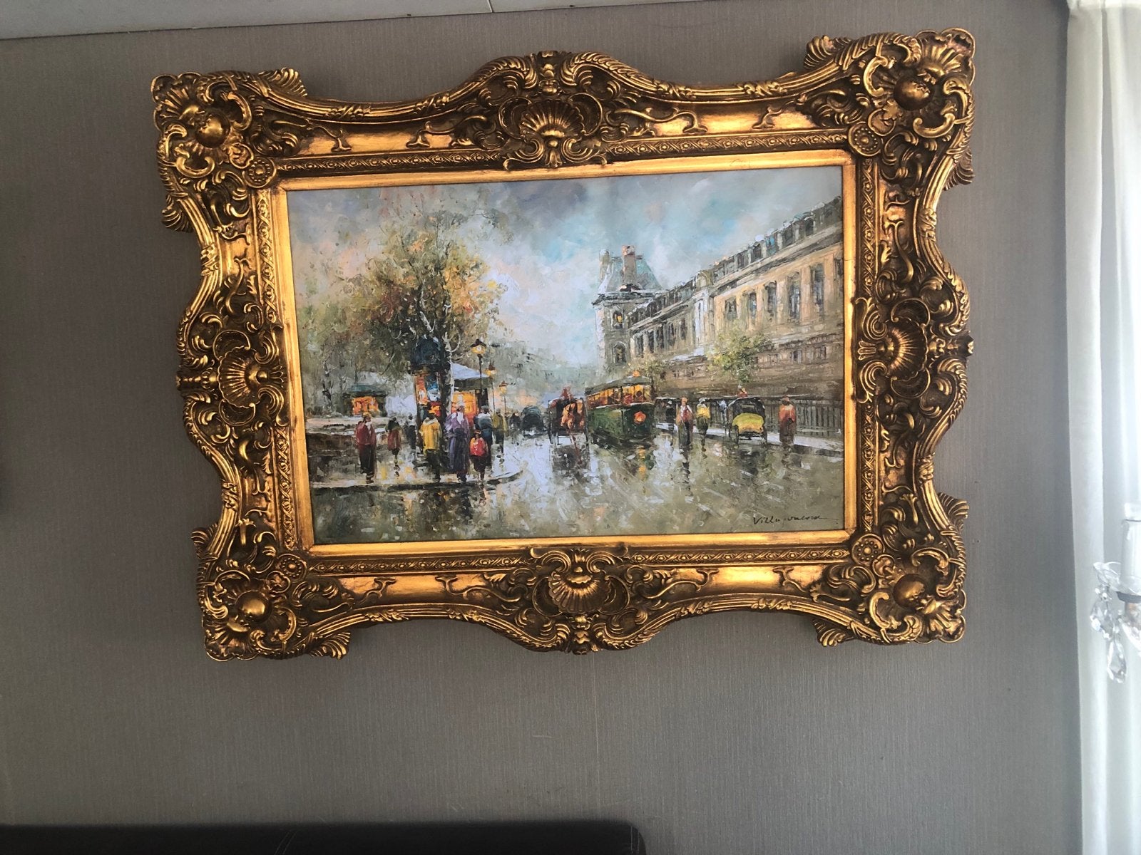 Olieverfschilderij Stadsgezicht met Gouden Baroklijst, Doek, Bijzondere lijst, Ophalen of Verzenden, Olieverf