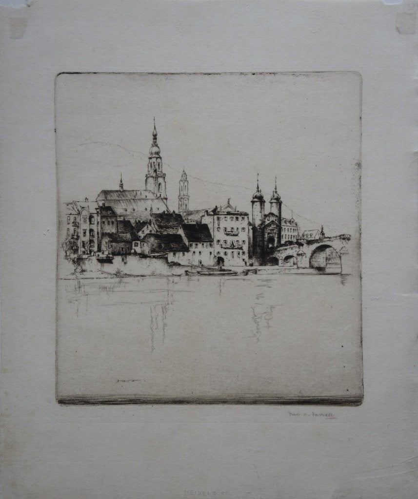 Frederick Farrell ets "Rivierzicht op Stadje", gesigneerd, Ophalen, Ets, Landschap, Origineel