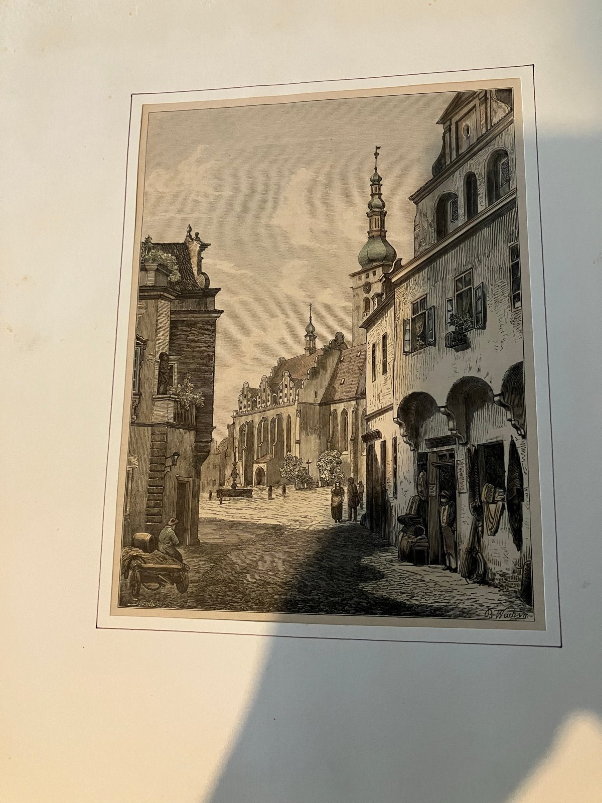 Oude stadsgezicht gravure, 19e eeuw, Ophalen, Handgekleurd, 1800 - 1899, Stadsgezicht