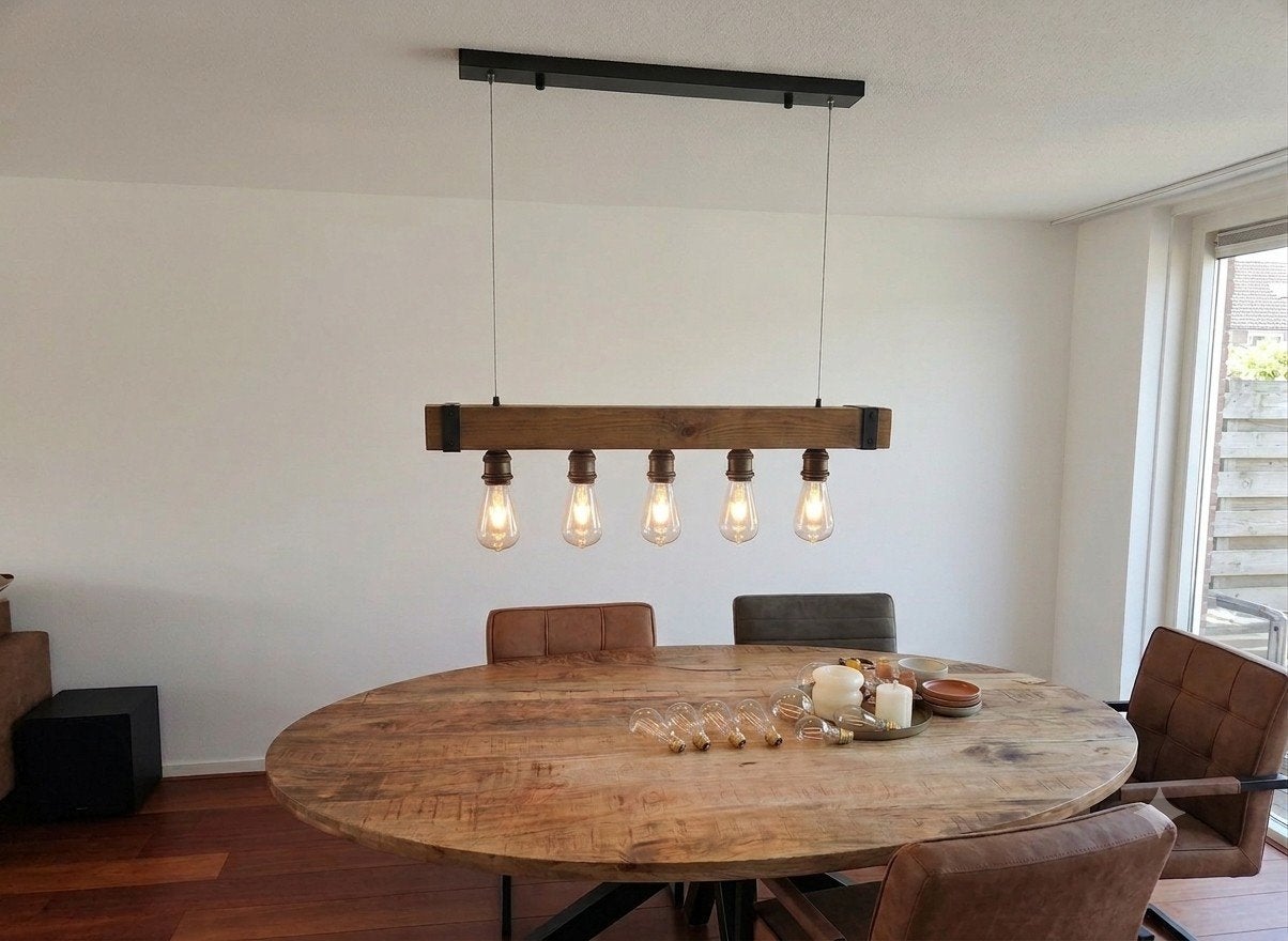 Stoere Industriële Hanglamp 5-Lichts – Hout & Zwart Metaal (, Ophalen, Industrieel, Landelijk, E27 (groot), Zo goed als nieuw