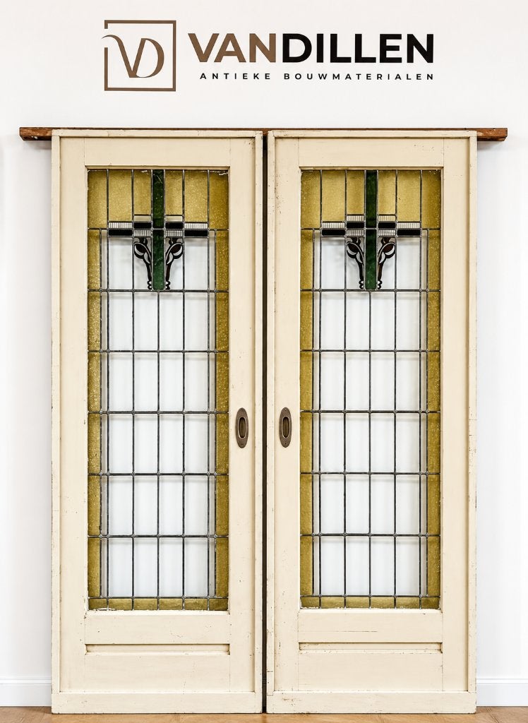 Antieke ensuite deuren glas in lood motief 214 x 77.5