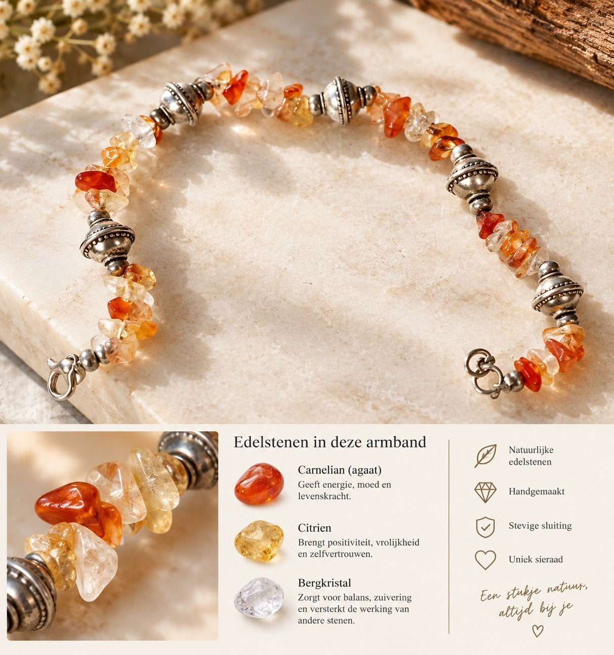 Handgemaakte Armband met Agaat, Citrien & Bergkrist, Overige materialen, Nieuw, Oranje, Ophalen of Verzenden