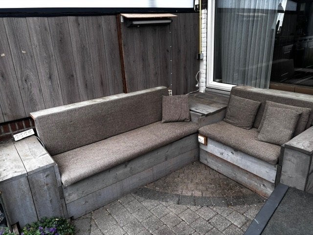 Tuin hoek bank steigerhout met extra tafel, Ophalen, Gebruikt, Hout
