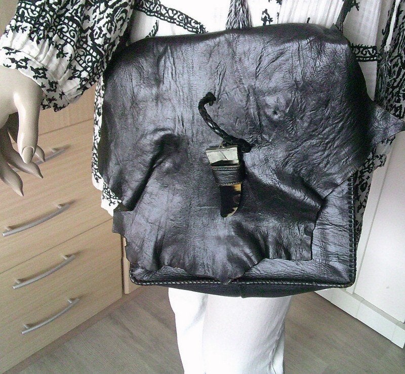 Zwart leren bohemian tribal zwarte tas met aparte sluiting, Overige merken, Gebruikt, Verzenden, Zwart
