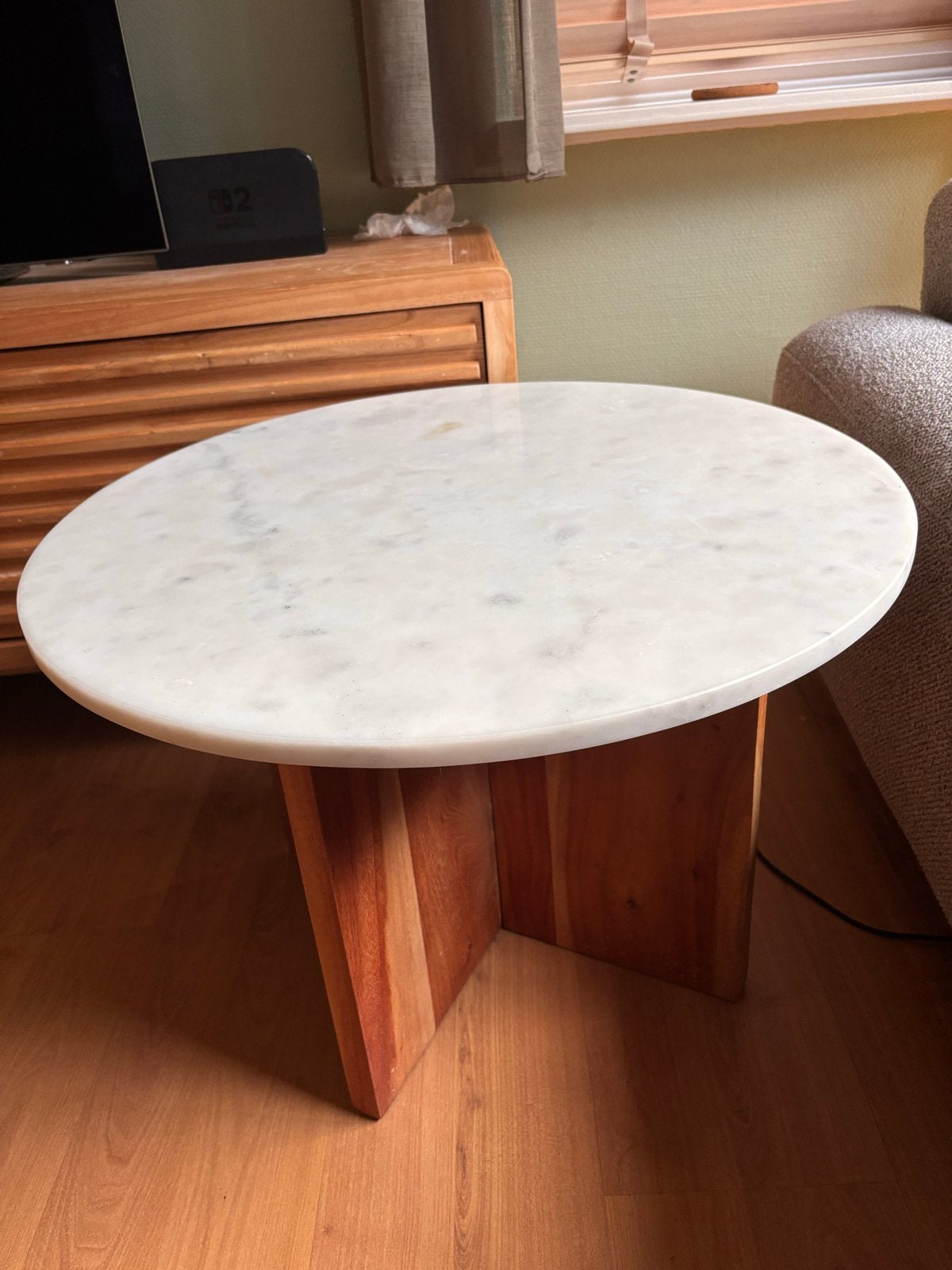 Salontafel rond hout met wit blad - Diameter 60 cm, Ophalen, Gebruikt, Rond, Overige houtsoorten